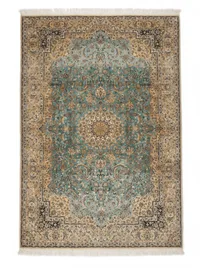 Vintage Kashmiri Pure Silk Aqua Medallion