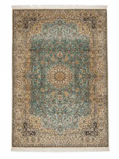 Vintage Kashmiri Pure Silk Aqua Medallion