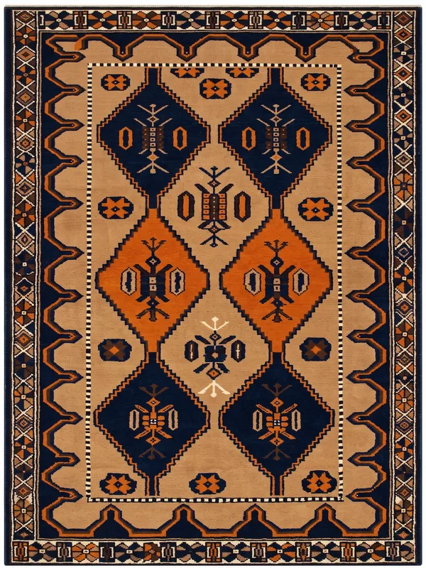 Baluch Geometric Diamond Navy Orange, Baluchistan, Afghanistan-Iran Border Region tribal rug, in burnt orange, Wool, 116 × 183 cm (3'10" × 6'0"), Nasim Carpets Malaysia