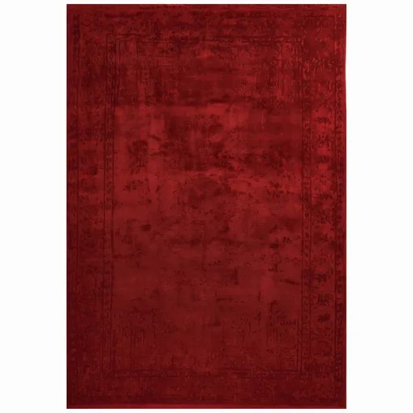 European Distressed Border Crimson, European Modern Design, likely Belgium or Turkey (machine-woven contemporary) modern rug, in crimson red, Bamboo Silk, 85 × 125 cm (2'9" × 4'1"), Nasim Carpets Malaysia