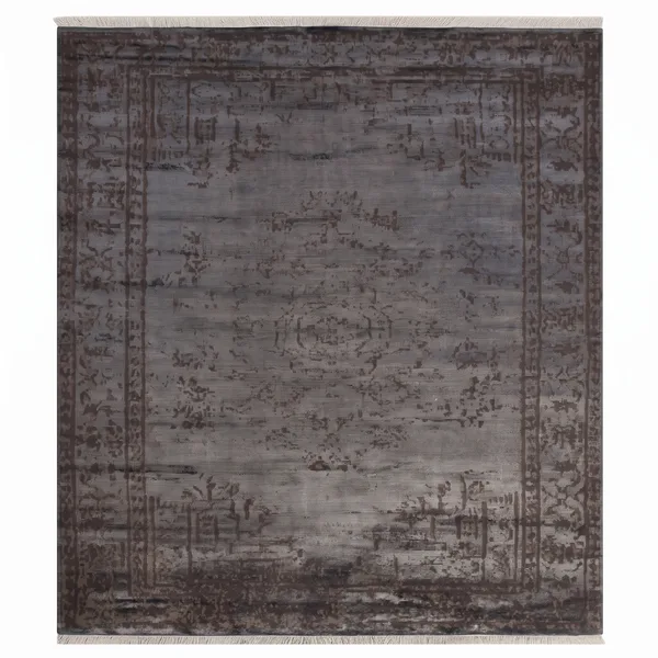 European Erased Medallion Slate Grey, European Modern Interpretation — distressed overdye style originating from Turkish and Persian classical traditions, produced in contemporary European or Turkish machine-weaving centres modern rug, in slate grey, Bamboo Silk, 85 × 152 cm (2'9" × 5'0"), Nasim Carpets Malaysia