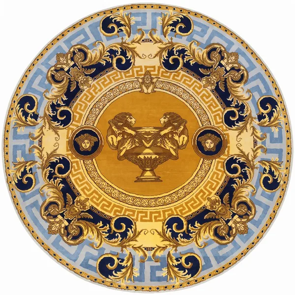 European Neoclassical Medallion Gold Blue, Contemporary European-inspired design, manufactured in India modern rug, in antique gold, Wool, 213 × 305 cm (7'0" × 10'0"), Nasim Carpets Malaysia