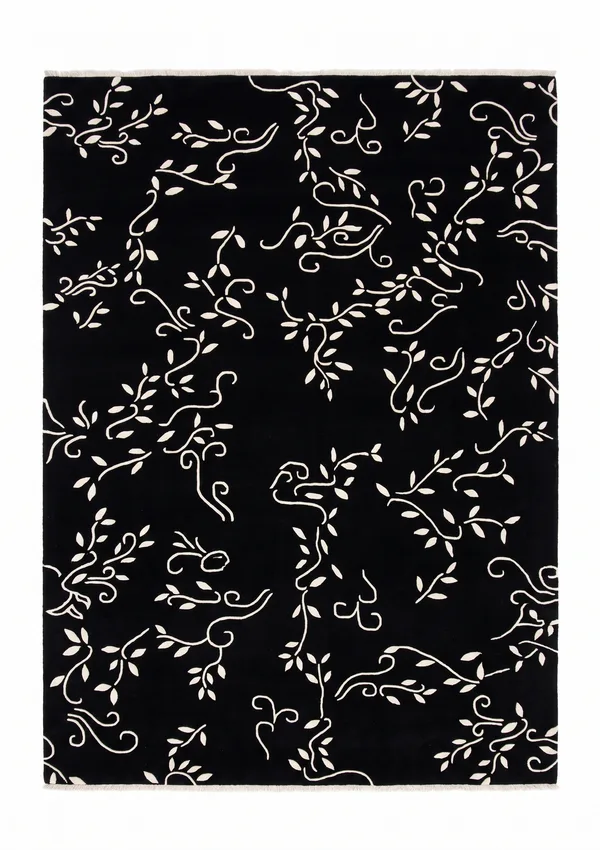Indo-Nepali Vine Scroll Black, Nepal (Indo-Nepali workshop tradition) modern rug, in jet black, Wool, 183 × 244 cm (6'0" × 8'0"), Nasim Carpets Malaysia