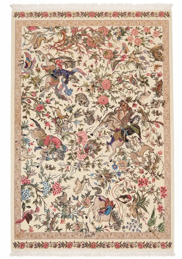Isfahan Hunting Scene Ivory, Isfahan, Iran bespoke rug, in antique ivory, Jute, 91 × 152 cm (3'0" × 5'0"), Nasim Carpets Malaysia