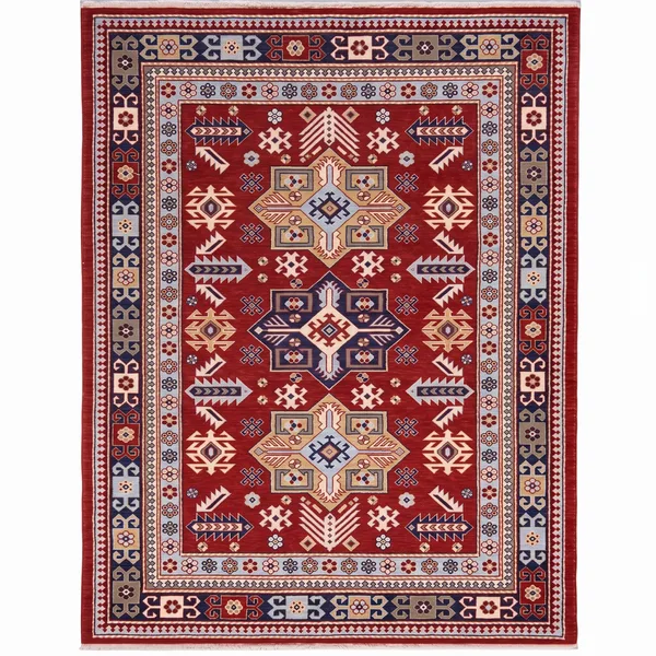 Kazak Medallion Trio Crimson, Kazak, Caucasus (Azerbaijan/Armenia border region) tribal rug, in crimson red, Wool, 137 × 195 cm (4'6" × 6'5"), Nasim Carpets Malaysia