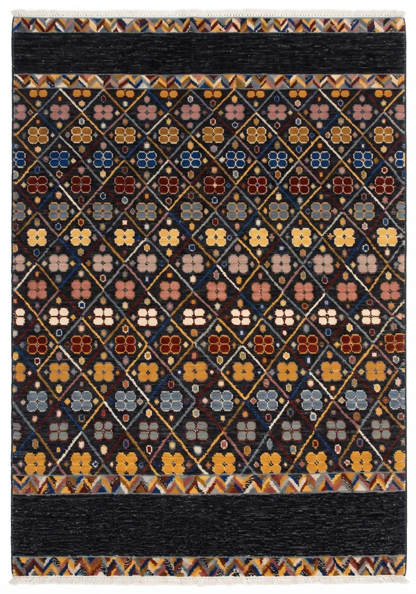 Moroccan Lattice Floral Multicolor, Morocco (Berber/Atlas region) modern rug, in charcoal black, Wool, 171 × 244 cm (5'7" × 8'0"), Nasim Carpets Malaysia