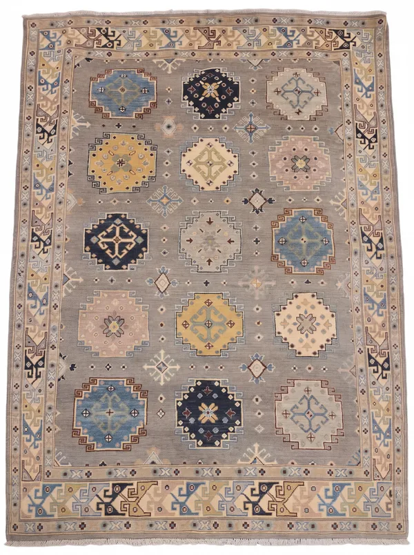 Kazak Compartmental Medallion Grey, Caucasian Kazak, Afghanistan (revival weave) tribal rug, in slate grey, Wool, 171 × 244 cm (5'7" × 8'0"), Nasim Carpets Malaysia