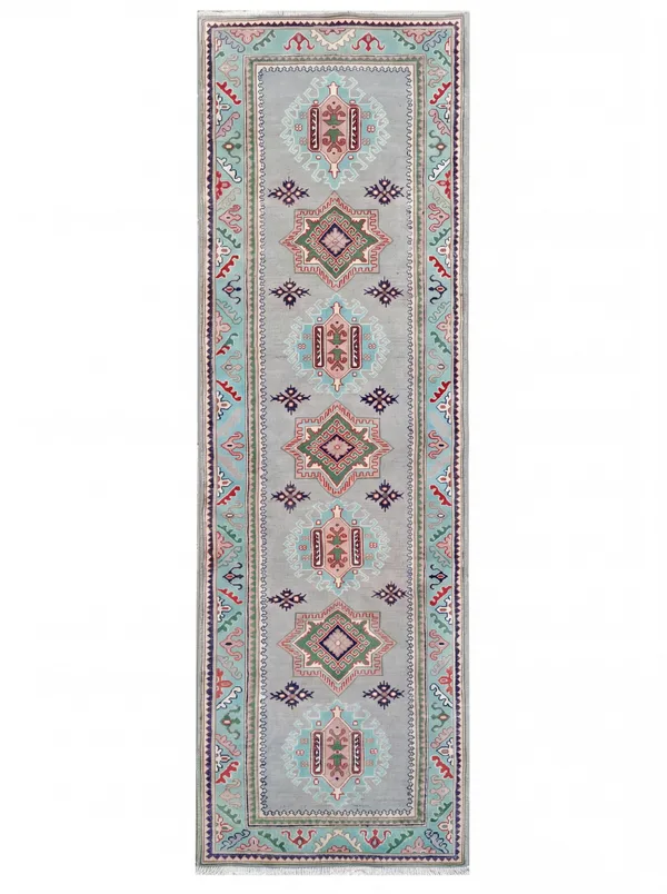 Kazak Medallion Runner Steel Blue, Kazak, Caucasus (Afghan-woven in Kazak tradition) tribal rug, in steel blue, Wool, 291 × 77 cm (9'7" × 2'6"), Nasim Carpets Malaysia
