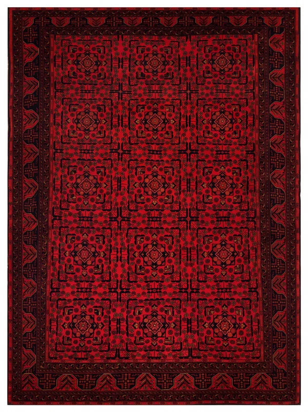 Afghan Khal Mohammadi Compartmental Crimson, Kunduz / Balkh Province, Northern Afghanistan tribal rug, in madder crimson, Wool, 207 × 302 cm (6'9" × 9'11"), Nasim Carpets Malaysia
