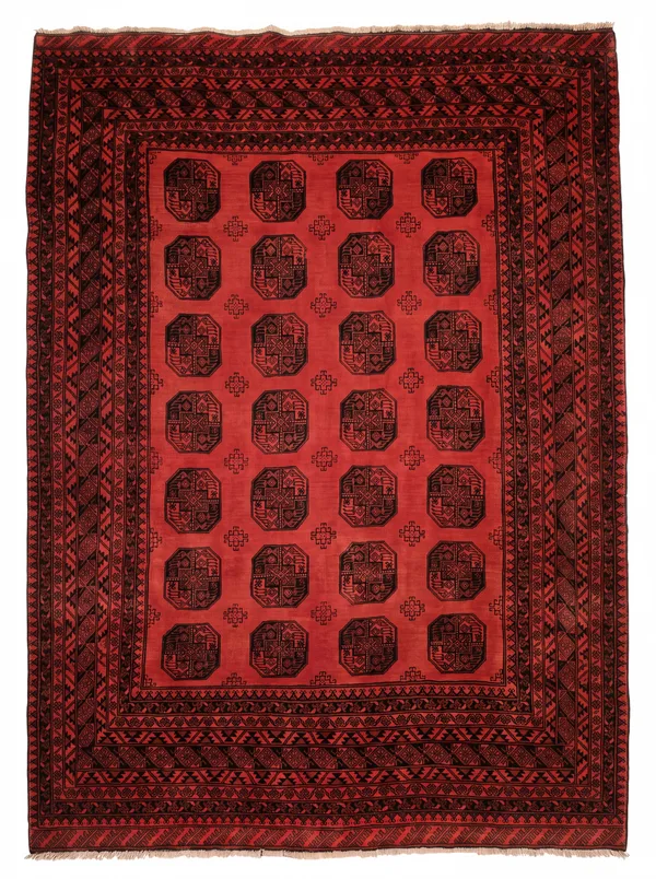 Afghan Bokhara Elephant Foot Red, Northern Afghanistan (Turkmen diaspora weaving tradition, likely Kunduz or Andkhoy region) tribal rug, in madder red, Wool, 204 × 283 cm (6'8" × 9'3"), Nasim Carpets Malaysia