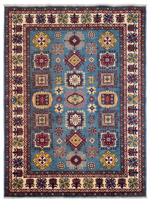 Kazakh Compartmental Sky Blue, Afghan Kazakh (Northwest Afghanistan, Kunduz region) tribal rug, in steel blue, Wool, 152 × 213 cm (5'0" × 7'0"), Nasim Carpets Malaysia