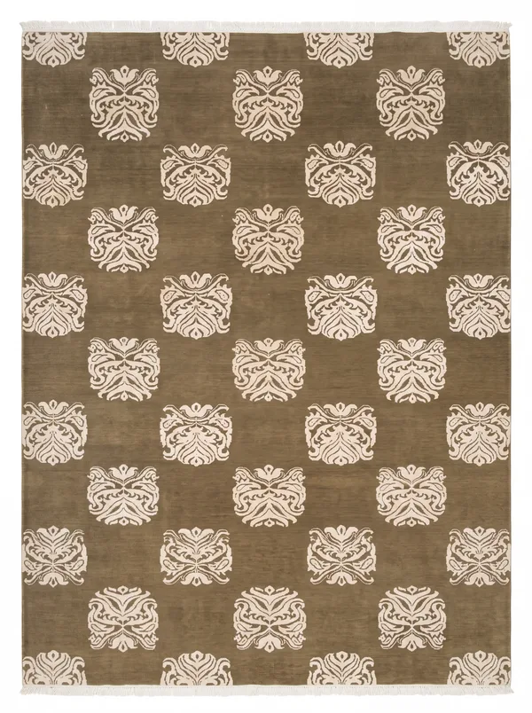 Modern Damask All-Over Olive, India (contemporary Indo-Tibetan/Nepalese workshop tradition) modern rug, in olive khaki, Wool, 213 × 308 cm (7'0" × 10'1"), Nasim Carpets Malaysia