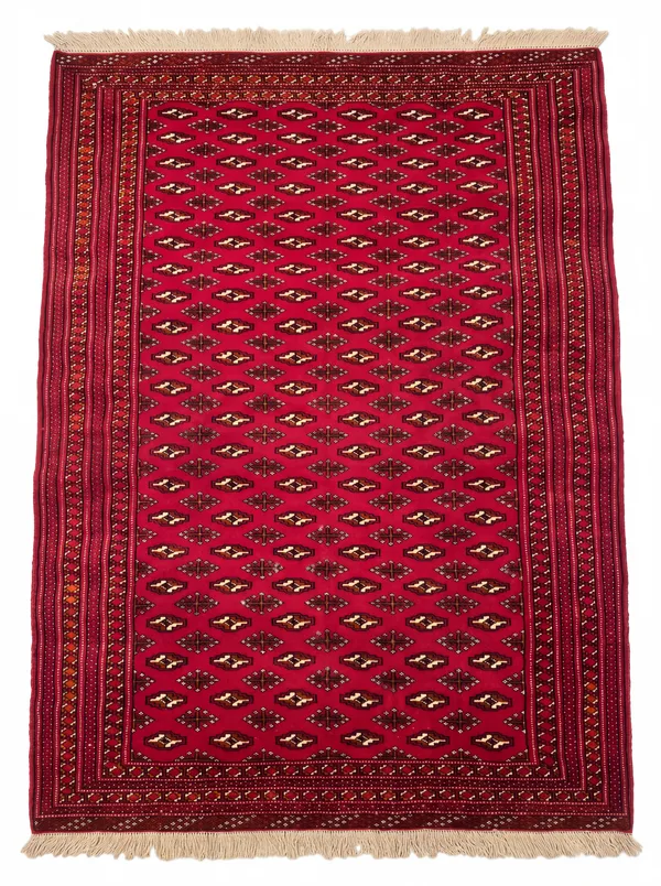 Bukhara All-Over Gul Crimson, Bukhara region, Turkmenistan / Pakistan (Mori Bokhara tradition) tribal rug, in crimson red, Wool, 122 × 183 cm (4'0" × 6'0"), Nasim Carpets Malaysia