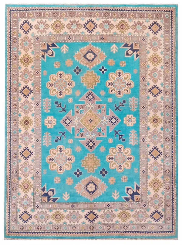 Kazak Medallion Turquoise, Caucasian Kazak, Afghanistan (Pakistani-Afghan revival tradition) tribal rug, in turquoise, Wool, 205 × 182 cm (6'9" × 6'0"), Nasim Carpets Malaysia