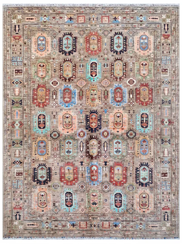 Afghan Mamluk Compartmental Multicolor, Afghanistan (Mamluk Revival style, likely woven in Kabul or Kunduz region) persian rug, in warm taupe, Wool, 245 × 319 cm (8'0" × 10'6"), Nasim Carpets Malaysia