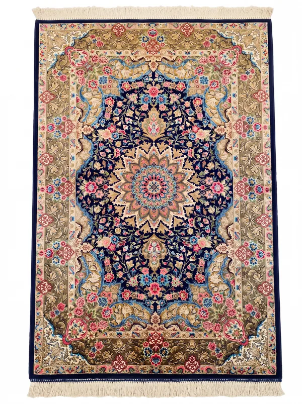 Qum Medallion Floral Navy, Qum (Qom), Iran bespoke rug, in midnight navy, Bamboo Silk, 91 × 152 cm (3'0" × 5'0"), Nasim Carpets Malaysia