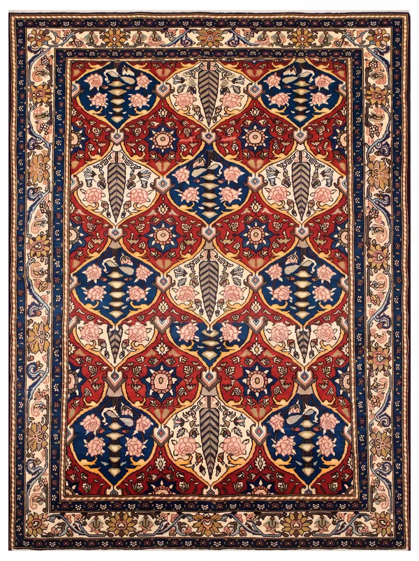 Bakhtiari Compartmental Garden Red Navy, Bakhtiari Region, Chahar Mahal, Iran tribal rug, in madder red, Wool, 143 × 250 cm (4'8" × 8'2"), Nasim Carpets Malaysia