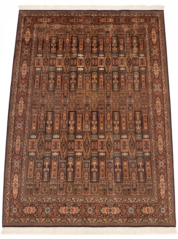 Kashmir Silk Compartment Teal Gold, Kashmir, India persian rug, in antique gold, Pure Silk, 244 × 335 cm (8'0" × 11'0"), Nasim Carpets Malaysia