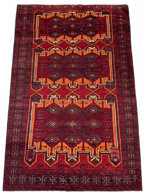 Baluch Geometric All-Over Crimson, Baluchistan, Afghanistan/Pakistan Border Region tribal rug, in madder crimson, Wool, 152 × 302 cm (5'0" × 9'11"), Nasim Carpets Malaysia
