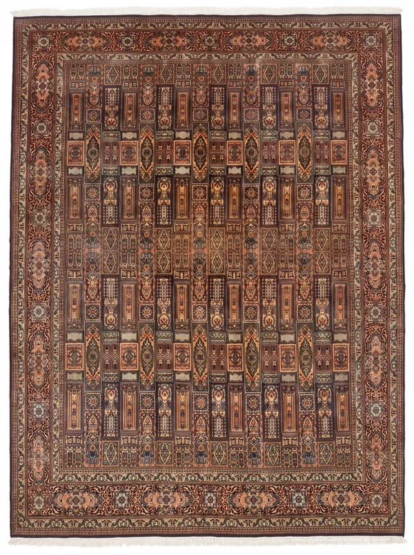 Kashmir Silk Compartment Teal Gold, Kashmir, India persian rug, in antique gold, Pure Silk, 244 × 335 cm (8'0" × 11'0"), Nasim Carpets Malaysia