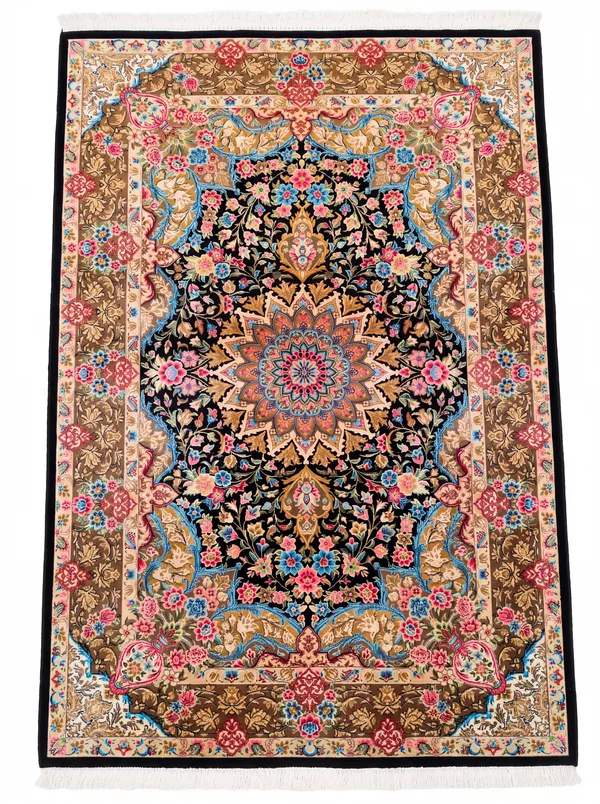 Qom Medallion Floral Black, Qom (Qum), Iran bespoke rug, in midnight black, Jute, 91 × 152 cm (3'0" × 5'0"), Nasim Carpets Malaysia