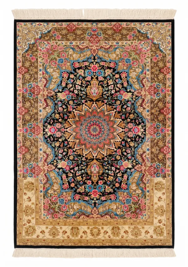 Qom Medallion Floral Black, Qom (Qum), Iran bespoke rug, in midnight black, Jute, 91 × 152 cm (3'0" × 5'0"), Nasim Carpets Malaysia