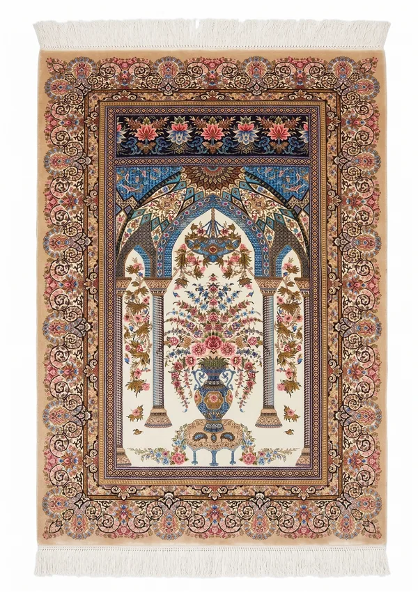 Qom Prayer Arch Ivory, Qom (Qum), Iran bespoke rug, in ivory, Jute, 91 × 152 cm (3'0" × 5'0"), Nasim Carpets Malaysia
