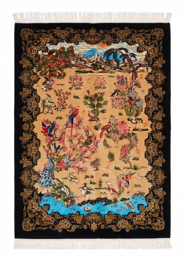 Qom Tree of Life Ebony, Qom, Iran bespoke rug, in camel, Bamboo Silk, 91 × 152 cm (3'0" × 5'0"), Nasim Carpets Malaysia