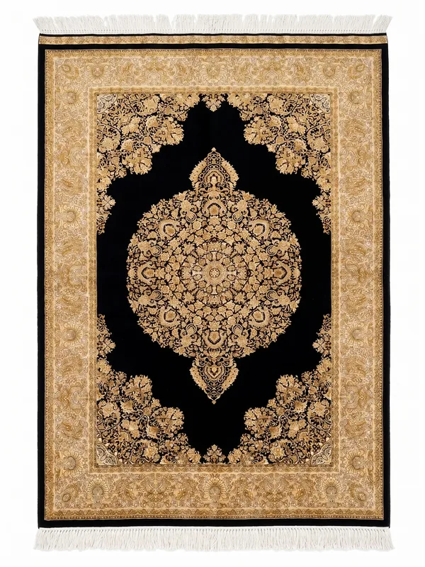 Qum Medallion Black Gold, Qum, Iran bespoke rug, in midnight black, Jute, 91 × 152 cm (3'0" × 5'0"), Nasim Carpets Malaysia