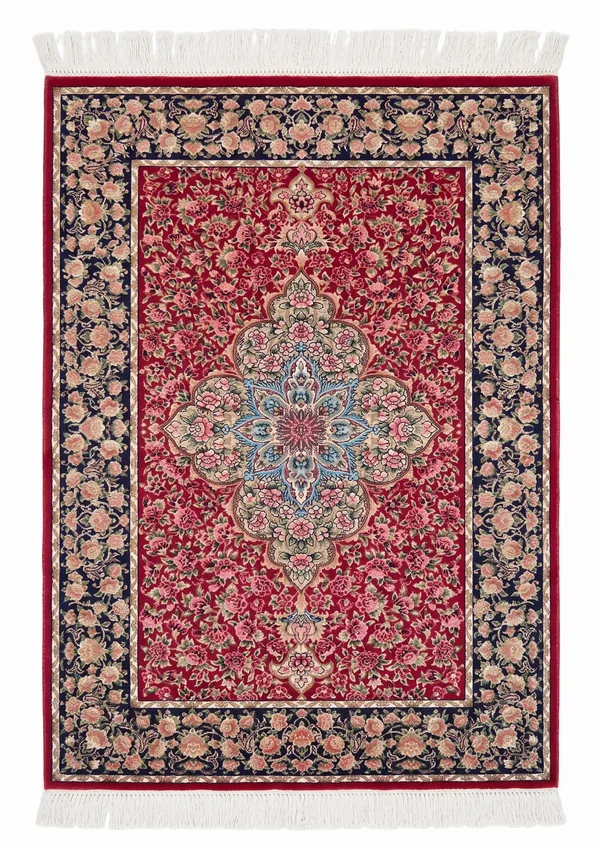 Qum Medallion Floral Crimson, Qum (Qom), Iran bespoke rug, in crimson red, Jute, 91 × 152 cm (3'0" × 5'0"), Nasim Carpets Malaysia