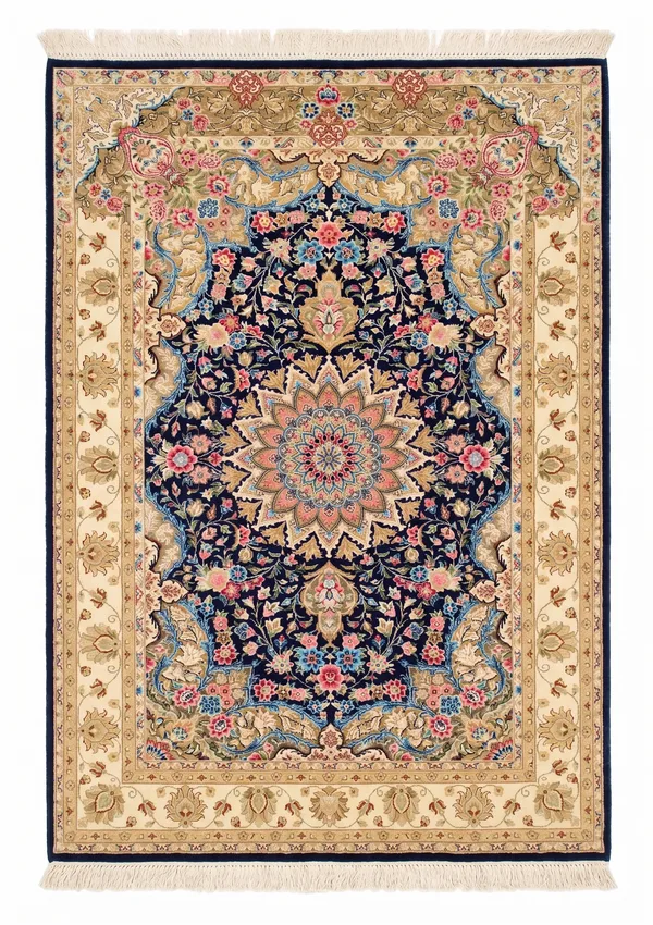 Qum Medallion Floral Navy, Qum (Qom), Iran bespoke rug, in midnight navy, Jute, 91 × 152 cm (3'0" × 5'0"), Nasim Carpets Malaysia
