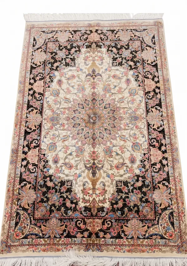 Tabriz Medallion Floral Ivory Black, Tabriz, Iran bespoke rug, in ivory cream, Jute, 91 × 152 cm (3'0" × 5'0"), Nasim Carpets Malaysia