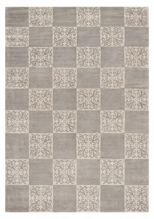 Tibetan Checkerboard Floral Silver, Tibet modern rug, in silver grey, Wool & Pure Silk, 210 × 305 cm (6'11" × 10'0"), Nasim Carpets Malaysia