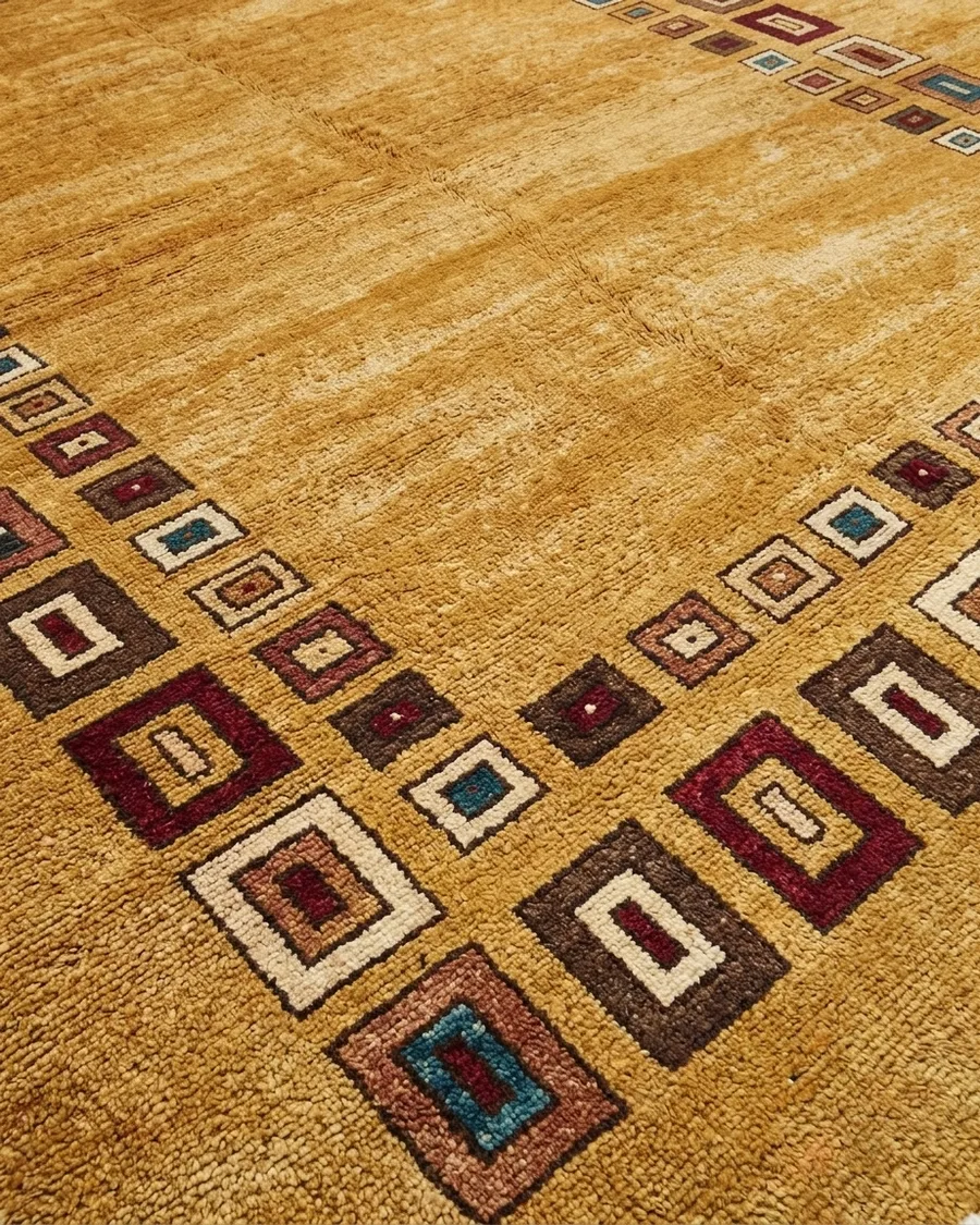 Gabbeh Geometric Border Gold, Fars Province, Iran modern rug, in golden ochre, Wool, 180 × 244 cm (5'11" × 8'0"), Nasim Carpets Malaysia — view 3