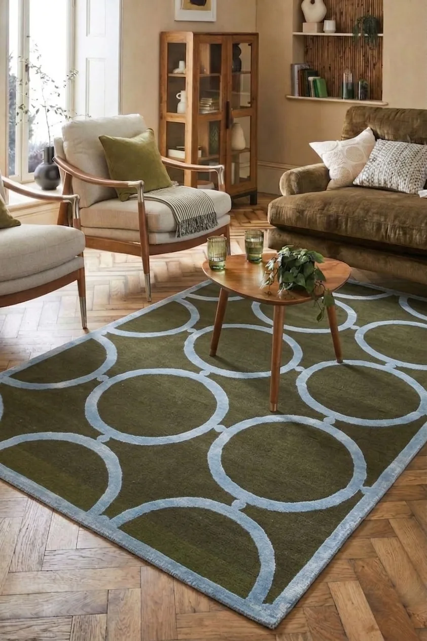 India Modern Circle Olive, Bhadohi, India modern rug, in olive green, Bamboo Silk, 122 × 183 cm (4'0" × 6'0"), Nasim Carpets Malaysia — view 2