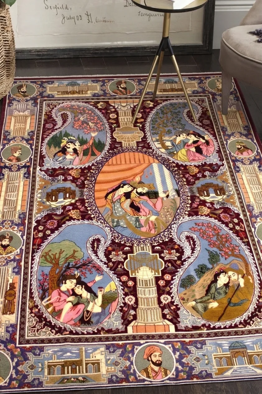 Isfahan Pictorial Medallion Burgundy, Isfahan, Iran persian rug, in burgundy, Pure Silk, 122 × 268 cm (4'0" × 8'10"), Nasim Carpets Malaysia — view 2