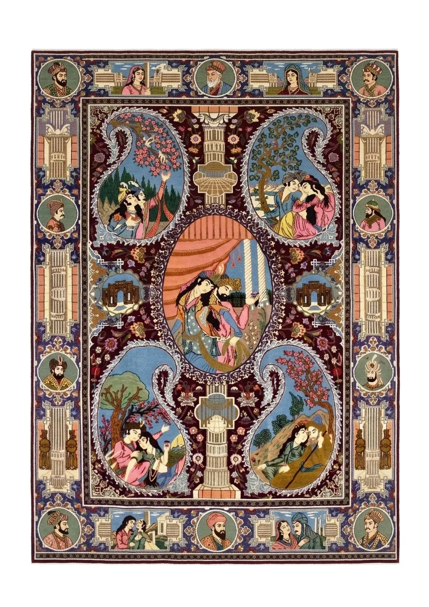 Isfahan Pictorial Medallion Burgundy, Isfahan, Iran persian rug, in burgundy, Pure Silk, 122 × 268 cm (4'0" × 8'10"), Nasim Carpets Malaysia — view 1