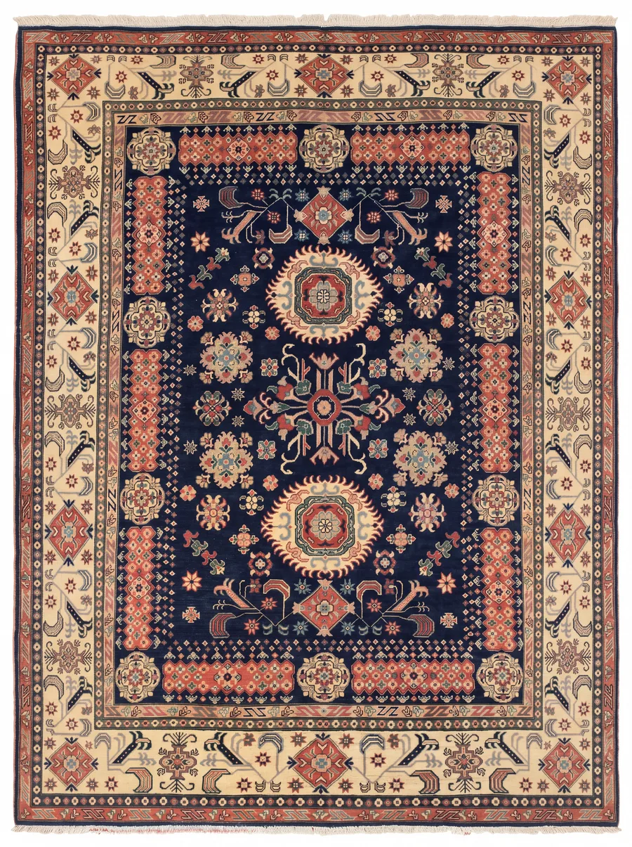 Afghan Kazak Medallion Navy, Afghanistan (Chobi-Kazak tradition) tribal rug, in navy blue, Wool, 244 × 299 cm (8'0" × 9'10"), Nasim Carpets Malaysia — view 1